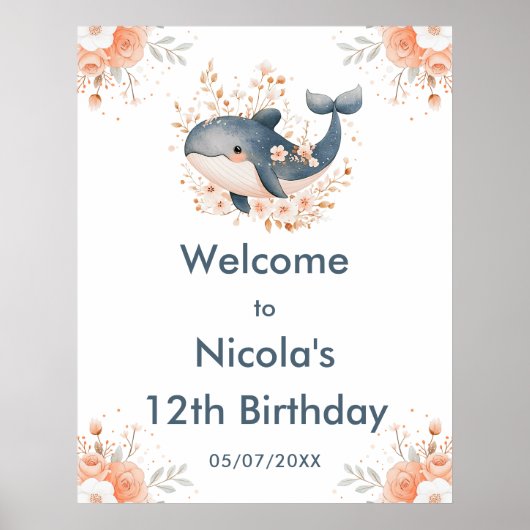 Cute Floral Whale Birthday Party Welcome Poster (Voorkant)