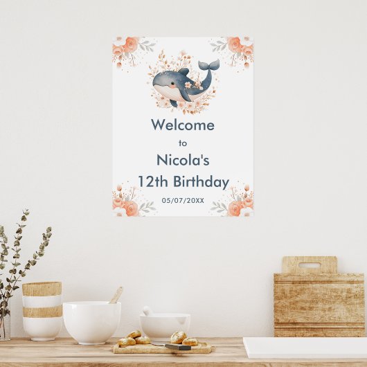 Cute Floral Whale Birthday Party Welcome Poster (Keuken)