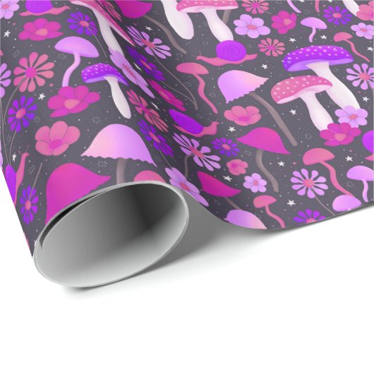 Cute Florals Paddenstoelen Roze, Paars en zwart Cadeaupapier (Rol Hoek)