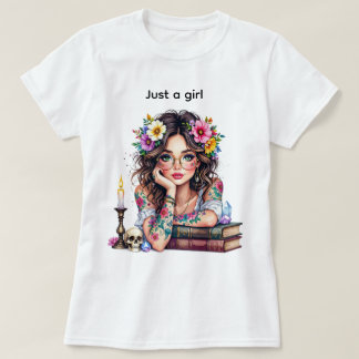 Cute flower book candle girl with glasses t-shirt