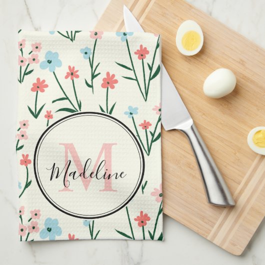 Cute Flower Ivory White Elegant Pink Monogram Theedoek (Quarter Fold)