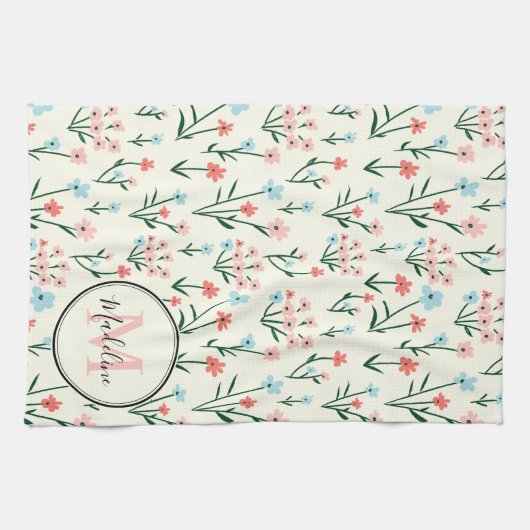 Cute Flower Ivory White Elegant Pink Monogram Theedoek (Horizontaal)