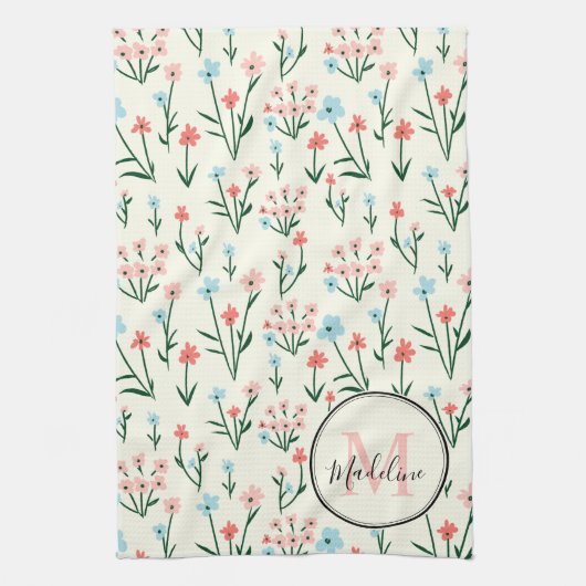 Cute Flower Ivory White Elegant Pink Monogram Theedoek (Verticaal)