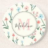 Cute Flower Ivory White Elegant Pink Monogram Zandsteen Onderzetter (Voorkant)