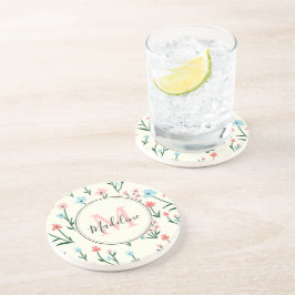 Cute Flower Ivory White Elegant Pink Monogram Zandsteen Onderzetter