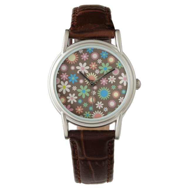 Cute Flower Power Pattern Brown Horloge (Voorkant)