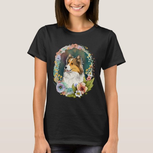 Cute Flower Sheltie summer Floral Shetland Sheepdo T-shirt (Voorkant)