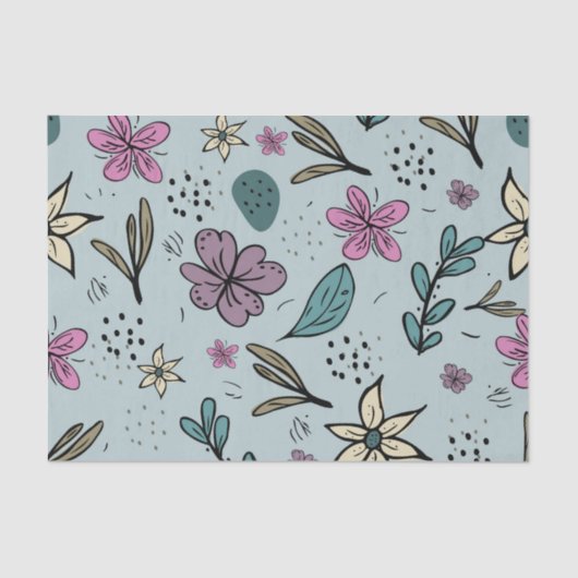 Cute Flowers and Leaves illustrated Pattern Blue Tissuepapier (Voorkant)