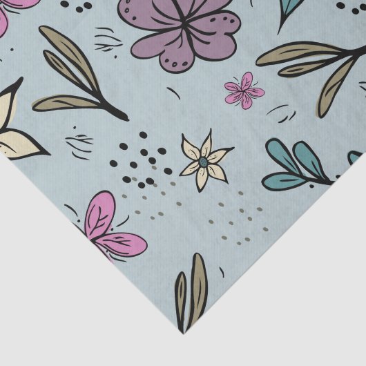 Cute Flowers and Leaves illustrated Pattern Blue Tissuepapier (Detail)
