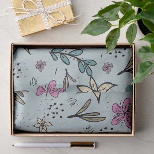 Cute Flowers and Leaves illustrated Pattern Blue Tissuepapier (Geschenk)