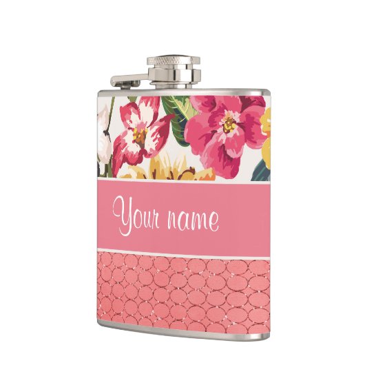 Cute Flowers Faux roze glazen cirkels Heupfles (Links)