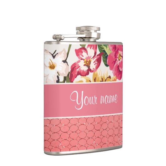 Cute Flowers Faux roze glazen cirkels Heupfles (Rechts)