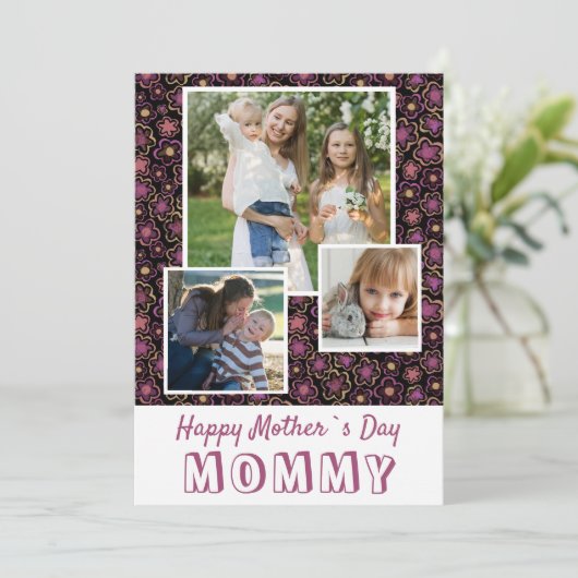 Cute Flowers Happy Moeder Dag 3 Foto Kaart (Staand voorkant)