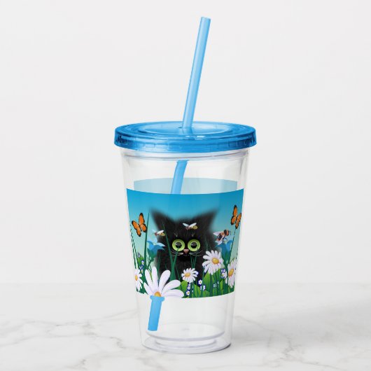 Cute Fluffy Black Kitten en Daisies Art Acryl Drinkbeker (Achterkant)