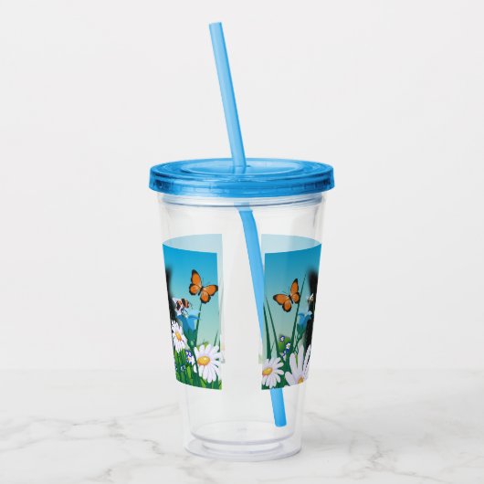 Cute Fluffy Black Kitten en Daisies Art Acryl Drinkbeker (Links)