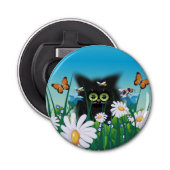 Cute Fluffy Black Kitten en Daisies Art Button Flesopener (Voorkant)