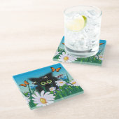 Cute Fluffy Black Kitten en Daisies Art Glazen Onderzetter (Schuin)
