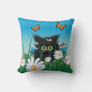 Cute Fluffy Black Kitten en Daisies Art Kussen