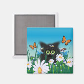 Cute Fluffy Black Kitten en Daisies Art Magneet (Voorkant / Achterkant)