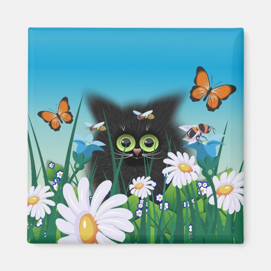 Cute Fluffy Black Kitten en Daisies Art Magneet (Voorkant)