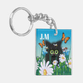 Cute Fluffy Black Kitten en Daisies Art Monogram Sleutelhanger (Voorkant Links)