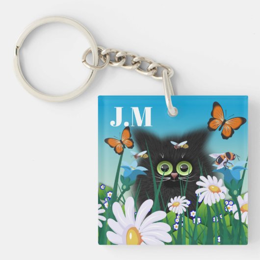 Cute Fluffy Black Kitten en Daisies Art Monogram Sleutelhanger (Voorkant)