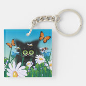 Cute Fluffy Black Kitten en Daisies Art Monogram Sleutelhanger (Achterkant)
