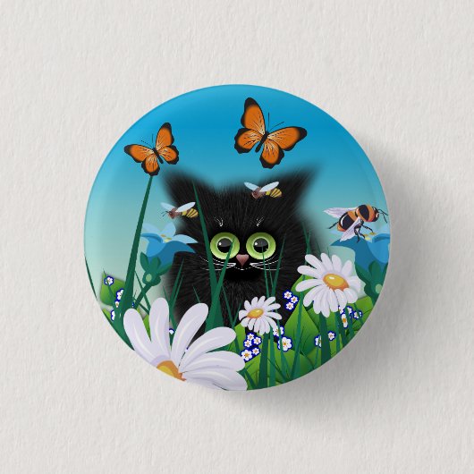 Cute Fluffy Black Kitten en Daisies Art Ronde Button 3,2 Cm (Voorkant)