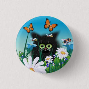 Cute Fluffy Black Kitten en Daisies Art Ronde Button 3,2 Cm