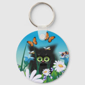 Cute Fluffy Black Kitten en Daisies Art Sleutelhanger (Voorkant)