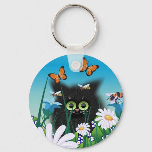Cute Fluffy Black Kitten en Daisies Art Sleutelhanger (Voorkant)