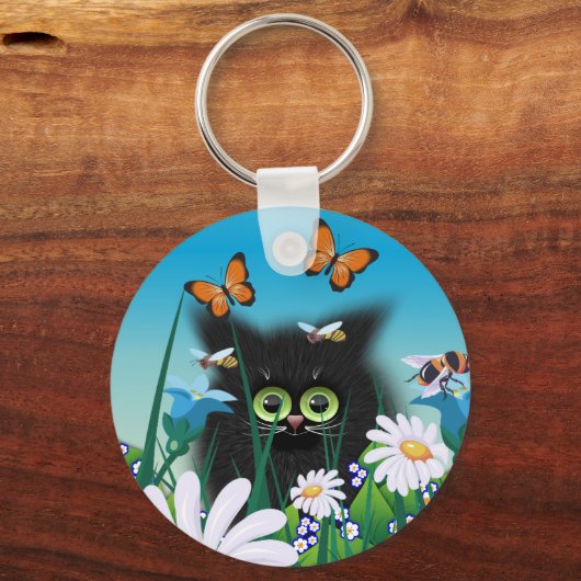 Cute Fluffy Black Kitten en Daisies Art Sleutelhanger (Voorkant)