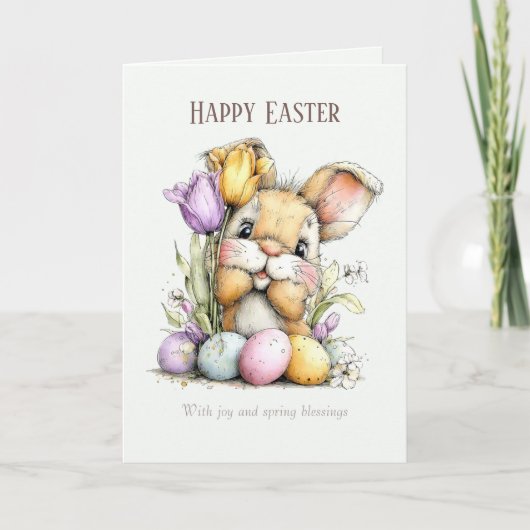 Cute Fluffy Bunny Funny Easter Card, Pastel Blue Feestdagen Kaart (Voorkant)