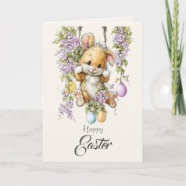 Cute Fluffy Bunny Watercolor Easter Card Pink Ears Feestdagen Kaart