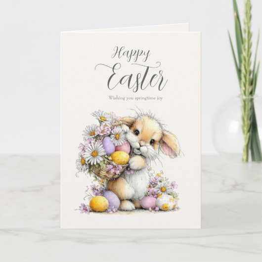 Cute Fluffy Bunny with Egg Basket Easter Card Feestdagen Kaart (Voorkant)