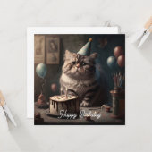 Cute fluffy cat met verjaardagstaart en ballonnen kaart (Voorkant / Achterkant in situ)