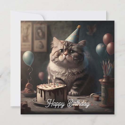 Cute fluffy cat met verjaardagstaart en ballonnen kaart (Voorkant)