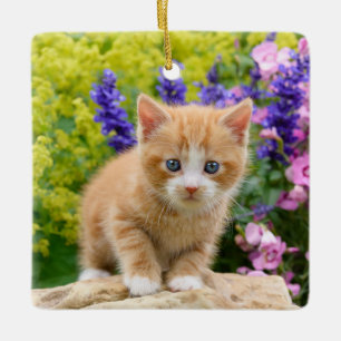 Cute Fluffy Ginger Cat Kitten in Flowers Pet Keramisch Ornament