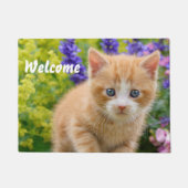 Cute Fluffy Ginger Cat Kitten in Flowers - Welkom Deurmat (Voorkant)