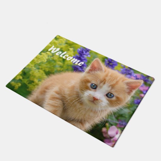 Cute Fluffy Ginger Cat Kitten in Flowers - Welkom Deurmat (Schuin)