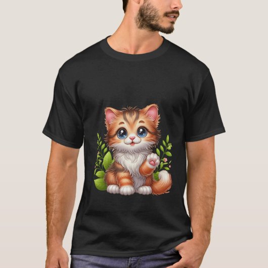 Cute Fluffy Ginger Cat Waving Hello Art ✨🐾🌿 T-shirt (Voorkant)