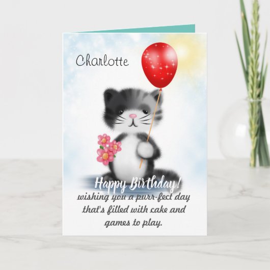 Cute Fluffy Kitten Art Happy Birthday Poem Kaart (Voorkant)