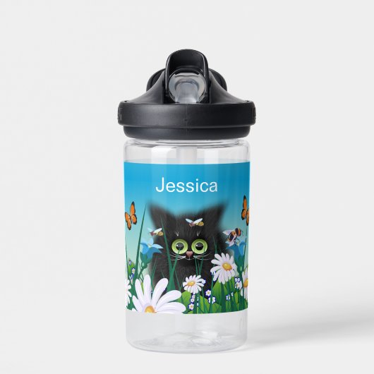 Cute Fluffy Kitten in Daisy Meadow Personalized Waterfles (Voorkant)