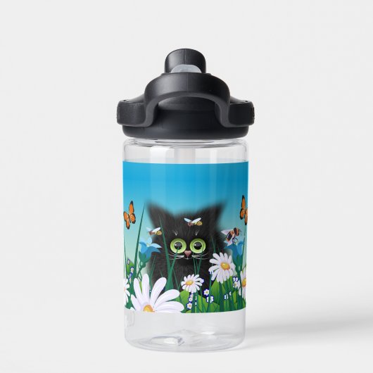 Cute Fluffy Kitten in Daisy Meadow Personalized Waterfles (Achterkant)