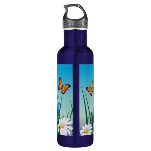 Cute Fluffy Kitten in Daisy Meadow Personalized Waterfles (Achterkant)