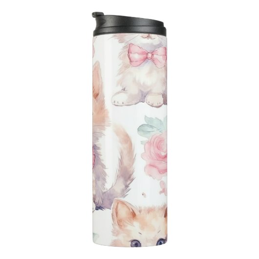 Cute Fluffy Kittens with Pink Roses Thermosbeker (Geroteerd rechts)