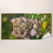 Cute Fluffy Maine Coon Kitten Cat in Flowers Photo Strandlaken (Voorkant)