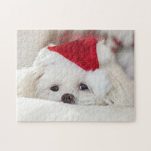 Cute Fluffy White Maltese Puppy Dog in een Santa H Legpuzzel (Horizontaal)