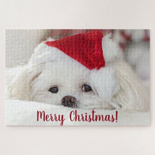 Cute Fluffy White Maltese Puppy Dog in een Santa H Legpuzzel (Horizontaal)