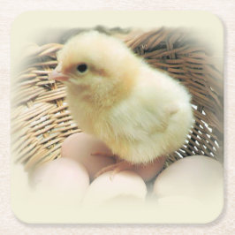 Cute Fluffy Yellow Baby Chicken in Basket Kartonnen Onderzetters